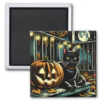 Black Cat and Jack-O-Lantern Halloween Magnet