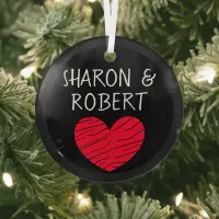 Personalized Black and Red Heart Couple  Glass Ornament