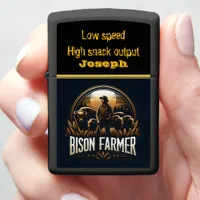 Bison Farmer Stands Proudly Among His Herd at Dusk Zippo Lighter