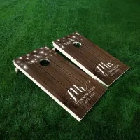 Rustic String Lights Barn Wood Newlywed Cornhole Set