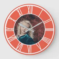 White Roman Numeral Border Orange Red Photo Round Large Clock