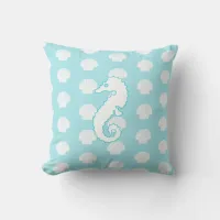 Aqua Blue Seashell and Seahorses Pillow
