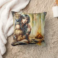 Native American Woman With Tiger by Riverbank Throw Pillow