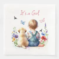 Baby Girl and her Puppy | It's a Girl Watercolor Paper Dinner Napkins