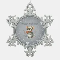 Cute Winter Mouse with Berries Snowflake Pewter Christmas Ornament