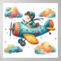 Nursery Art Poster Child Flying Propeller Airplane