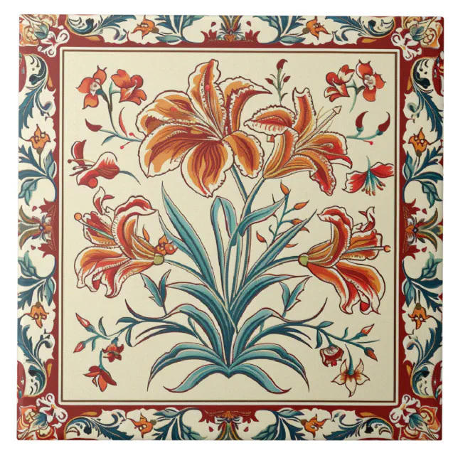 Floral Orange Flowers  Ceramic Tile