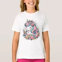 Pink and Blue Unicorn and Flowers  T-Shirt