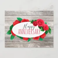 Elegant Red Roses Wreath on Wood Happy Anniversary Postcard