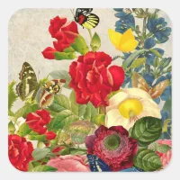 Vintage Flower Bouquet with Butterflies Square Sticker