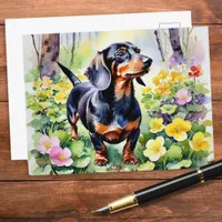 Cute Dachshund Sausage Dog Spring Primrose Flowers Postcard