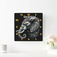 Floral dawn elephant art square wall clock