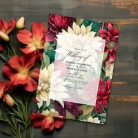 Deep Red, Cream, and Forest Green Floral Wedding Invitation