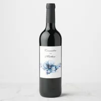 Elegant Dusty Blue Navy  Flowers Wedding  Wine Label