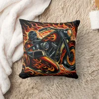 Fiery motorcycle racing through blazing flames  throw pillow