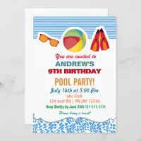 Fun Beach Ball Flippers Boys Pool Party Invitation