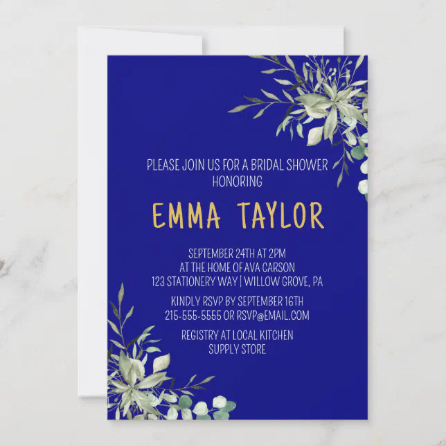 Simple Eucalyptus Greenery Navy Blue and Gold Invitation