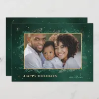 Green Gold Botanical Sparkle Photo Holiday Card