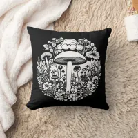 Black and White Retro Mushrooms and Flowers Throw Pillow