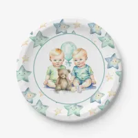 Watercolor Twin Boys Baby Shower Paper Plates