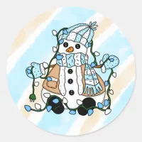 Christmas Snowman holding Lights Classic Round Sticker
