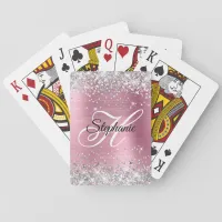 Silver Glitter Light Pink Foil Fancy Monogram Poker Cards