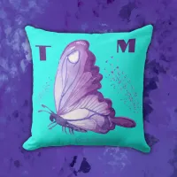 Pretty Butterflies in Purple on Teal Monogram | Outdoor Pillow