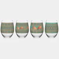 Southwest Teal Copper Javelinas and Geometric Set  Stemless Wine Glass