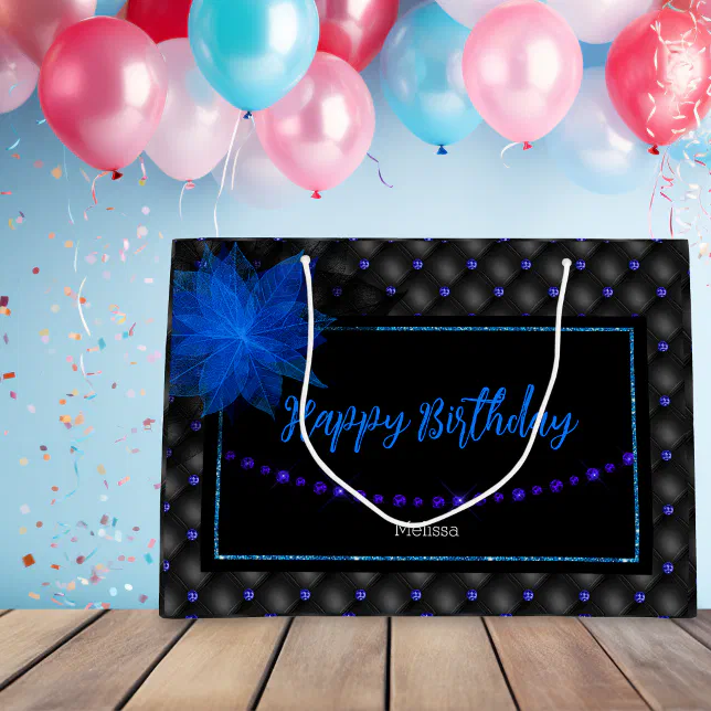 Happy Birthday Elegant Blue and Black Large Gift Bag