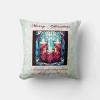 Green Glitter Christmas Stained Glass Candles Throw Pillow