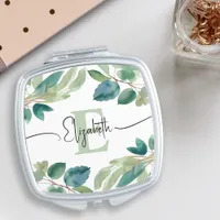 Modern Greenery Watercolor Eucalyptus Monogrammed Compact Mirror