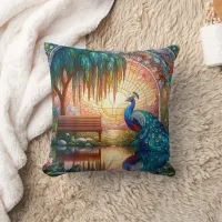 Majestic Peacock by Reflective Pond at Sunset Throw Pillow