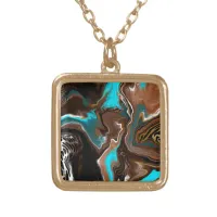 Monogrammed Blue, Brown and Black Abstract Art   Gold Plated Necklace