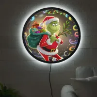 The Grinch with gifts in a festive swirl LED Sign