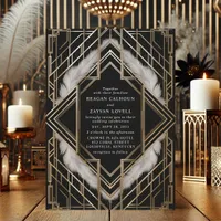 Vintage Black Gold Feather Art Deco Wedding Invitation