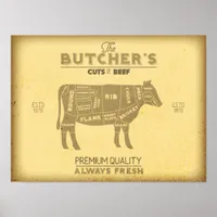 Vintage Butcher Shop Cuts of Beef Cow Diagram Poster