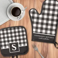 Buffalo Plaid Black And White Checker Monogrammed Oven Mitt & Pot Holder Set