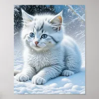 Cute White Cat Playing in the Snow   Poster