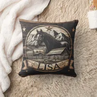 Wooden Horse Carving With Mountain Background Throw Pillow