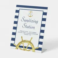 Sanitizing Station Nautical Blue Gold Monogram Pedestal Sign