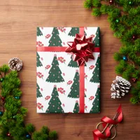 Winter Candy Cane Holly Berry White Christmas Tree Wrapping Paper