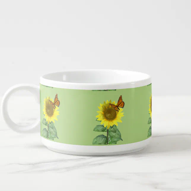 Pretty Yellow Sunflower and Orange Butterfly Bowl