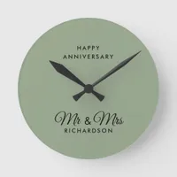 Minimalist Sage Green Mr & Mrs Wedding Anniversary Round Clock