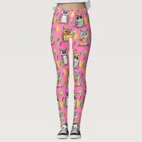 Colorful Woodland Owls and Leaves Watercolor Leggings