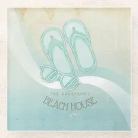 Beach House Sunglasses and Flip Flops Aqua ID623 Glass Coaster