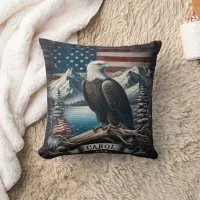 Eagle Perched on Branch With Mountains and Flag Throw Pillow