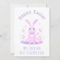 Cute Pink Purple Easter Bunny Preschool Teacher Holiday Card