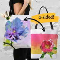 Watercolor Blue Chiffon Rose and Pink Peony  Tote Bag