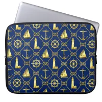 Nautical Rope Anchor Sailboat Navy Blue Gold Laptop Sleeve
