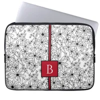 Hand Drawn Floral White Black Pattern and Monogram Laptop Sleeve